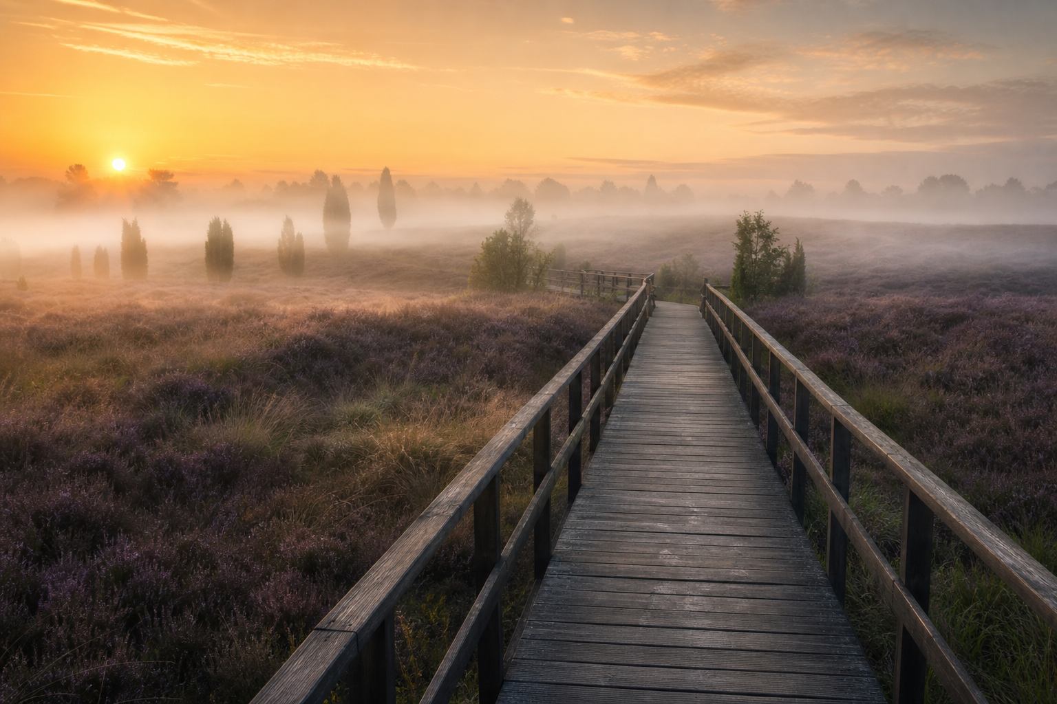 Holzbrücke über Heide und Moor im goldenen Morgenlicht