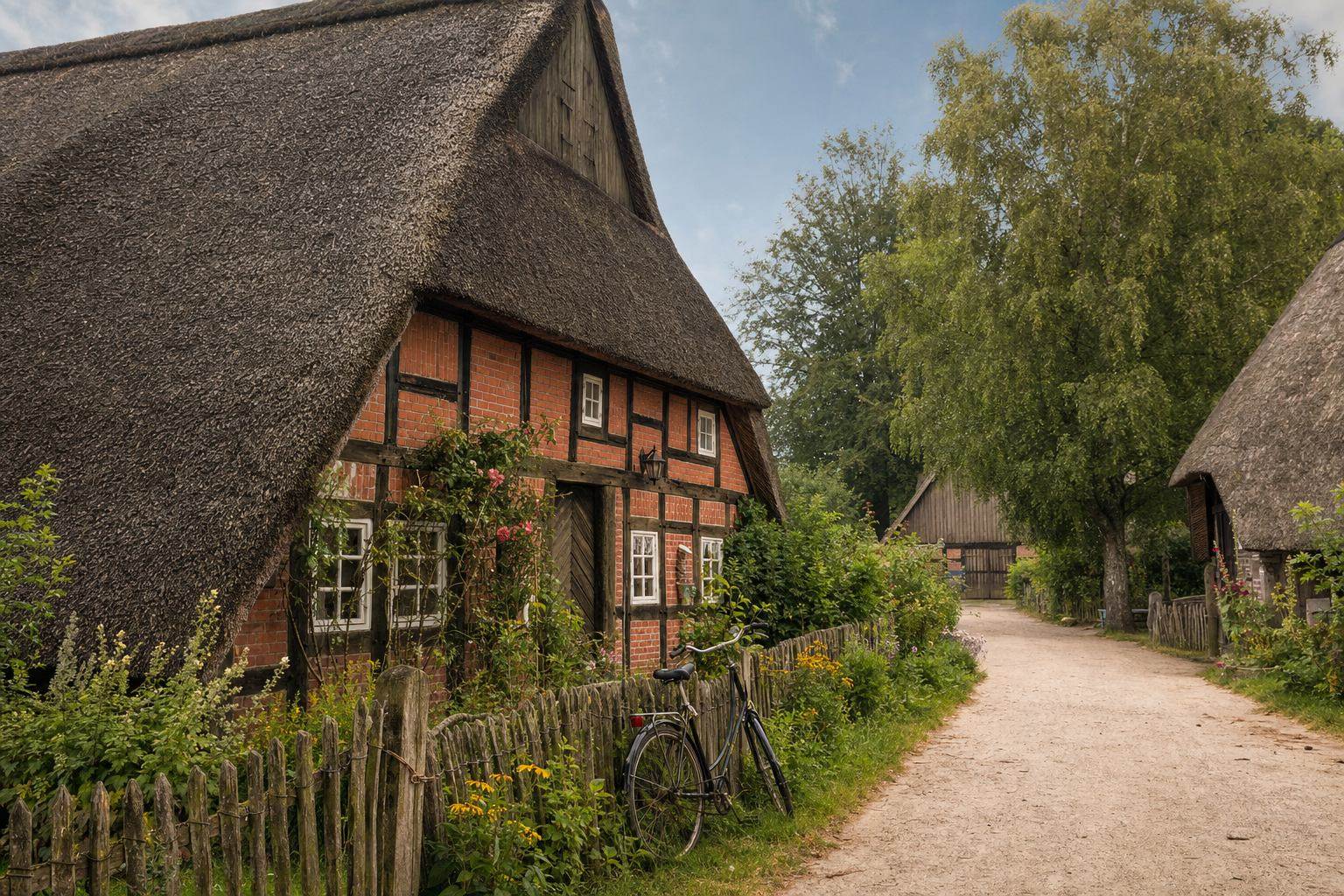 Reetgedecktes Fachwerkhaus mit Fahrrad vor sandigem Dorfweg in der Heide