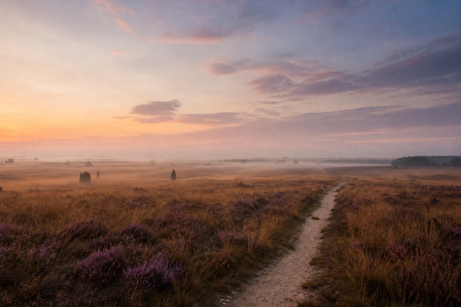 Weite Heidefläche im Abendlicht mit leerem Sandweg und sanftem Nebel